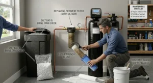 Vector illustration demonstrating how to check salt levels in the brine tank of a water softener and filter combo.