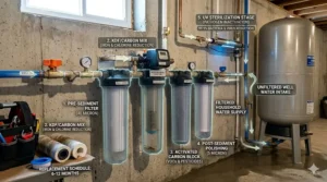 Diagram showing how a whole house filter for well water removes contaminants from the source to the tap.
