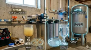 Comparison of cloudy raw well water versus clear purified water after passing through a whole house filter.