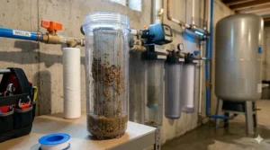 Close-up of a sediment pre-filter stage in a whole house well water system catching sand and rust.