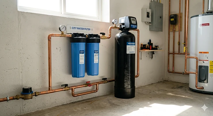 A high-detail, photorealistic 4K image of a professionally installed whole house water filter for city water in a clean utility room, featuring copper piping and an Ariston water heater. whole house filter for city water