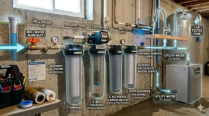 Graphic showing the point-of-entry installation for a whole house filter for well water near the pressure tank.