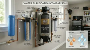 Close-up illustration of sediment and activated carbon filter cartridges used in a whole house system.