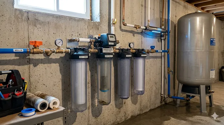 A professionally installed whole house filter for well water connected to main plumbing lines in a basement.