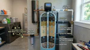 Diagram of a sulfur removal whole house filter showing the internal filtration media layers that trap hydrogen sulfide.