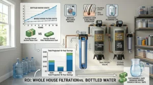 Chart illustrating long-term financial savings of a whole house water filter compared to buying bottled water.