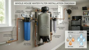 Detailed diagram showing a whole house water filter connected to the main water line entering a home.