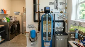 Plumbing diagram showing a sulfur removal filter connected to the main water line after the pressure tank.