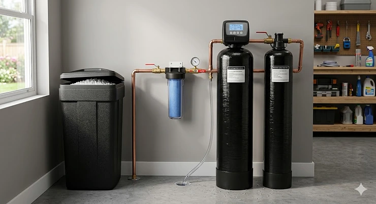 A complete whole-house water softener and filter combo system installed in a modern utility room, featuring dual tanks and a carbon filtration unit.