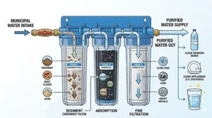 An illustration diagram based on the installed system, showing the detailed flow of water through all three filter canisters.