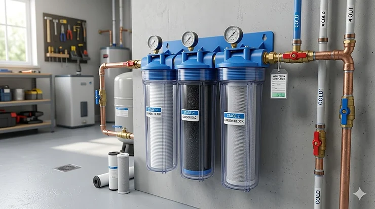 A complete 3 stage whole house water filter system with clear canisters and pressure gauges, professionally installed on a utility room wall.