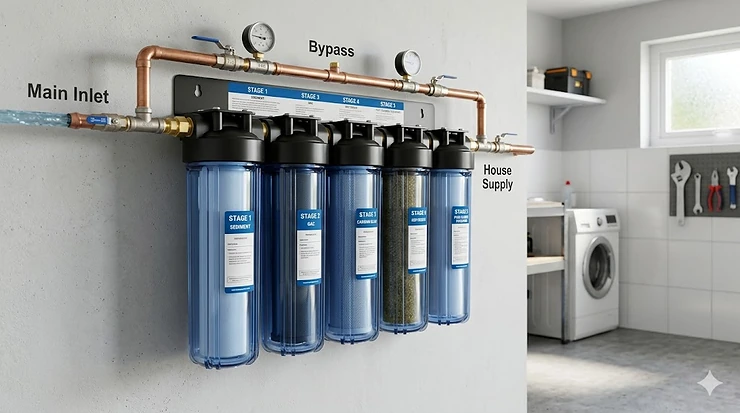A complete 5 stage whole house water filter system installed on a main water line providing clean water for the entire home.