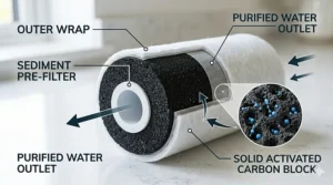 A technical cross-section of a solid activated carbon block water filter showing the internal core and outer sediment wrap layers.
