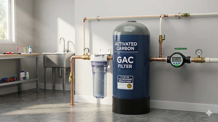 A professional whole-house activated carbon GAC filtration system installed for effective chloramine removal from municipal water.