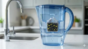 A cutaway view of a modern water pitcher revealing the internal cartridge filled with granular activated carbon media filtering tap water.