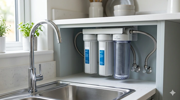A premium under-sink activated carbon water filter system installed with a visible carbon block cartridge and chrome faucet for clean drinking water.