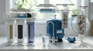Illustration showing an alkaline remineralization stage adding healthy minerals back into reverse osmosis water.