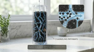Detailed micrograph view comparing the external surface texture of a compressed carbon block filter with the loose granules of a GAC filter.