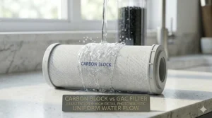A 4K photorealistic close-up illustration focusing on a carbon block water filter cartridge on a kitchen counter, showing water flowing uniformly across the surface.