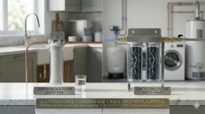 A 4K photorealistic split-panel illustration. The left panel shows a carbon block filter (with white mesh wrap) used in an under-sink drinking water system, and the right panel shows a GAC filter system for whole-house applications.