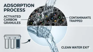 An educational diagram illustrating the physical adsorption process where contaminants bind to the surface of activated carbon granules.
