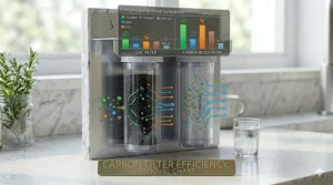 A 4K photorealistic infographic comparing filter effectiveness. It features two graphical columns: GAC and CARBON BLOCK. Colored bar charts with micro-icons (Chlorine, Lead, VOCs, Sediment) show the Carbon Block performing with higher removal efficiency.