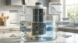 Diagram showing how a catalytic carbon water filter removes chloramines more effectively than standard carbon.