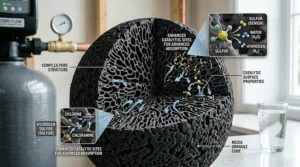 Close-up illustration of the enhanced surface area of catalytic carbon used for superior chemical adsorption.