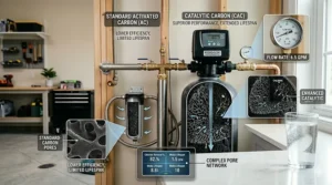 Side-by-side comparison chart showing the increased efficiency of catalytic carbon over traditional activated carbon.