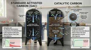 Comparison chart between standard activated carbon and catalytic GAC filters for superior chloramine removal efficiency.