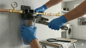 A homeowner replacing the filter cartridges in a 5 stage whole house water filtration system.