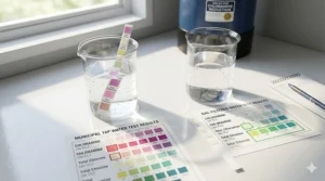 Side-by-side comparison of tap water test strips showing high chloramine levels versus zero levels after GAC filtration.