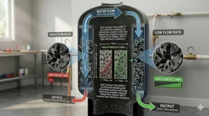 Technical illustration explaining the importance of contact time in GAC filters for complete chloramine removal from drinking water.