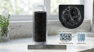 A photorealistic 4K cutaway illustration in natural light showing the loose Granular Activated Carbon (GAC) particles and their complex internal pore structure inside the clear filter housing.