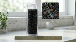 A stylized close-up diagram illustrating GAC filter mechanics. The cutaway clear filter housing shows brown sediment particles bypassing the loose carbon granules and passing easily through large voids.