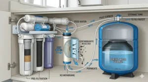 A technical diagram explaining how a reverse osmosis system filters water using a semi-permeable membrane.