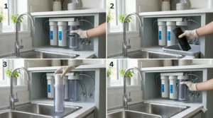 A step-by-step sequential guide illustrating the simple installation or replacement process for an under-sink activated carbon filter cartridge.