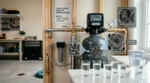 Illustration of catalytic carbon media neutralizing hydrogen sulfide to eliminate the "rotten egg" smell in tap water.