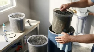 Hands replacing a granular activated carbon filter cartridge to maintain peak chloramine removal performance.