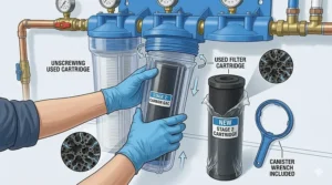 An illustrated guide showing how to use the wrench to unscrew the canisters and replace the filter cartridges during maintenance.