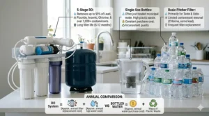 Comparison illustration highlighting the cost and waste savings of a reverse osmosis system vs bottled water.