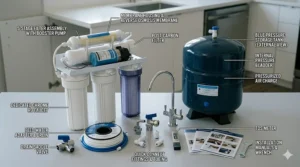 Labeled illustration of all components included in a DIY reverse osmosis system installation kit.