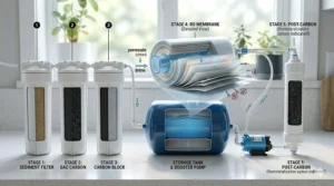 Infographic showing the 5 stages of water filtration in a standard reverse osmosis system.