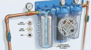 A close-up illustration focusing on the clear Stage 1 canister, showing the pleated filter media capturing rust and sand particles.