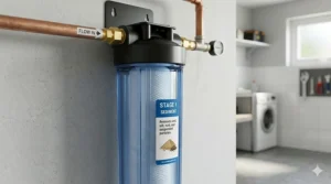 First stage sediment filter of a 5 stage whole house system removing rust, dirt, and sand.