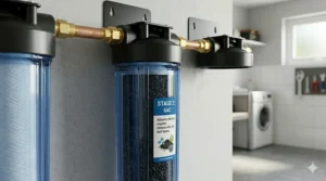 Second stage granular activated carbon filter for removing chlorine and unpleasant odors from household water.