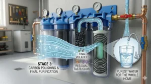 An illustration of the final Stage 3 canister, where dense carbon block media provides final polishing for crisp, clean water.