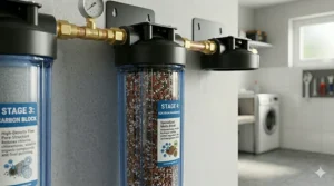 Fourth stage specialized filter media targeting heavy metals and iron in a 5 stage whole house water filter.