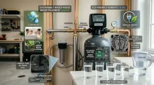 Illustration highlighting the eco-friendly benefits of using long-lasting catalytic carbon media for whole-house water treatment.