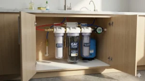 An undersink granular activated carbon water filter system designed for targeted chloramine removal at the kitchen tap.